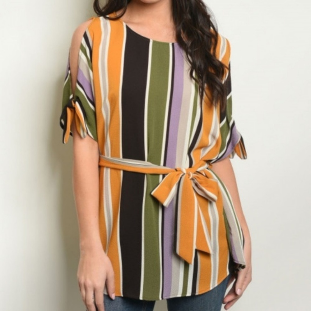 Cold Shoulder Olive Multi Top - Picture 2 of 4